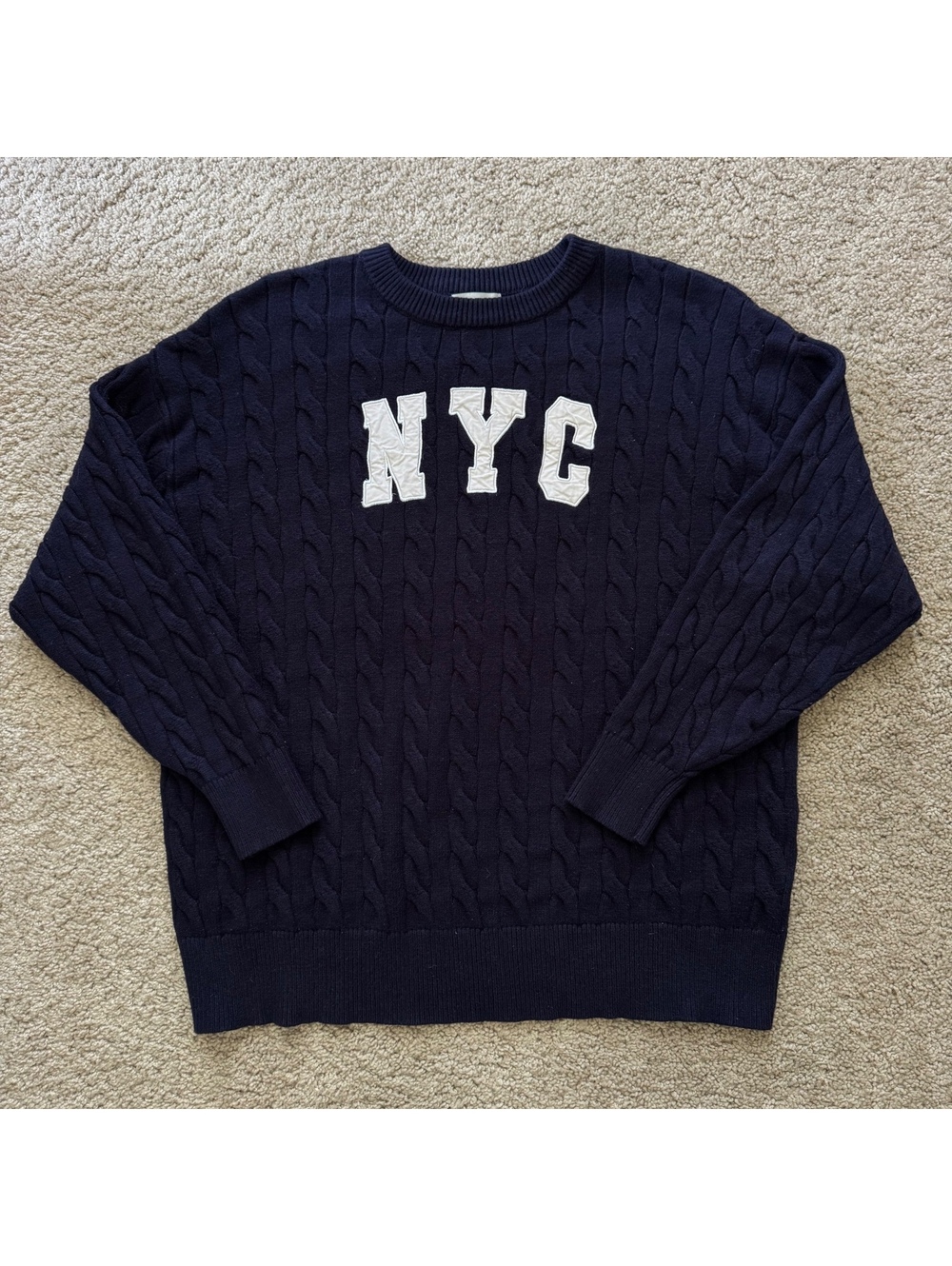 Womenβs faded rose navy NYC cable knit sweater size L